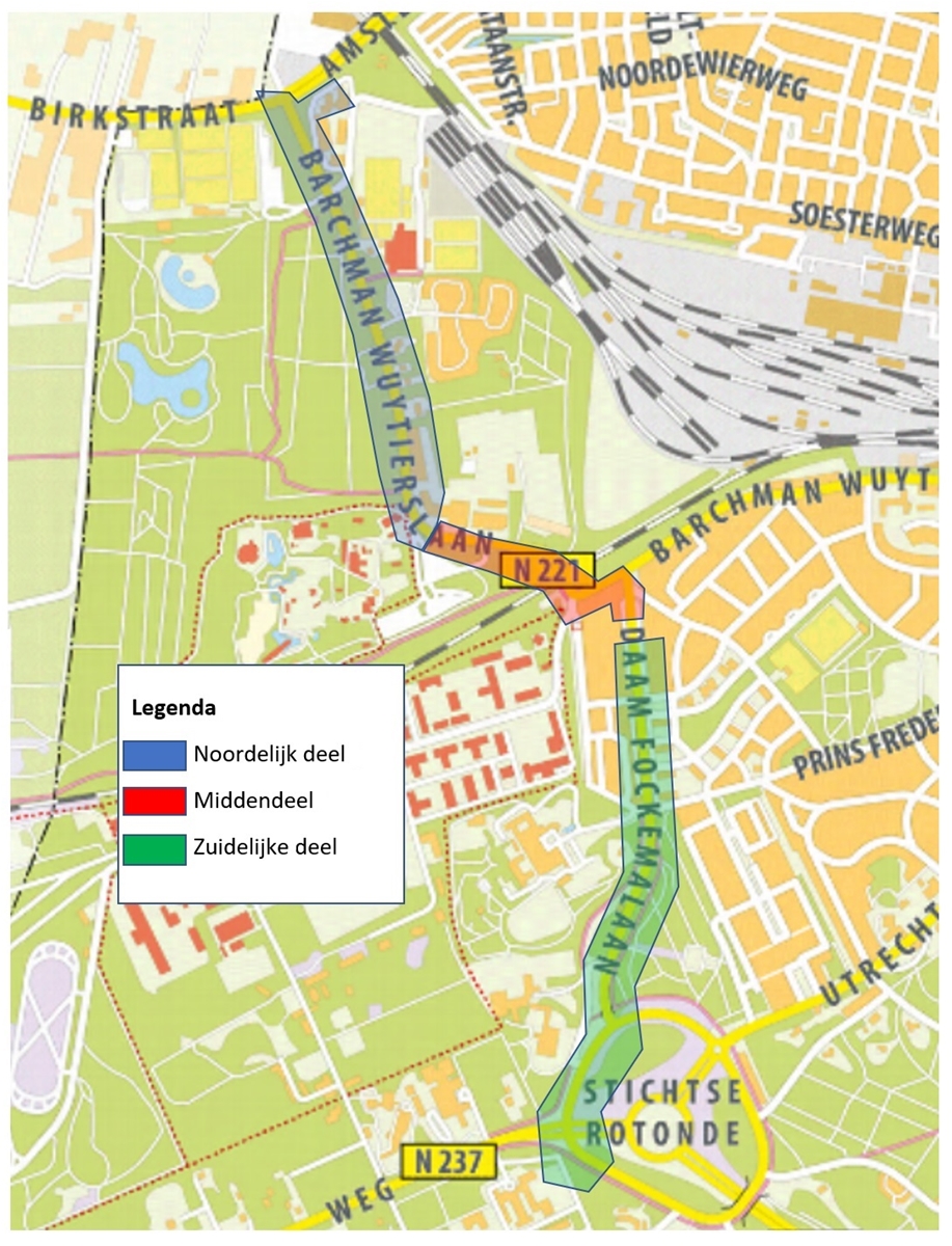 Kaart met route vanaf kruispunt Birkhoven tot aan de Stichtse Rotonde Amersfoort